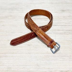 90s Whisky Colored Woven Leather Inlay Belt | Vintage